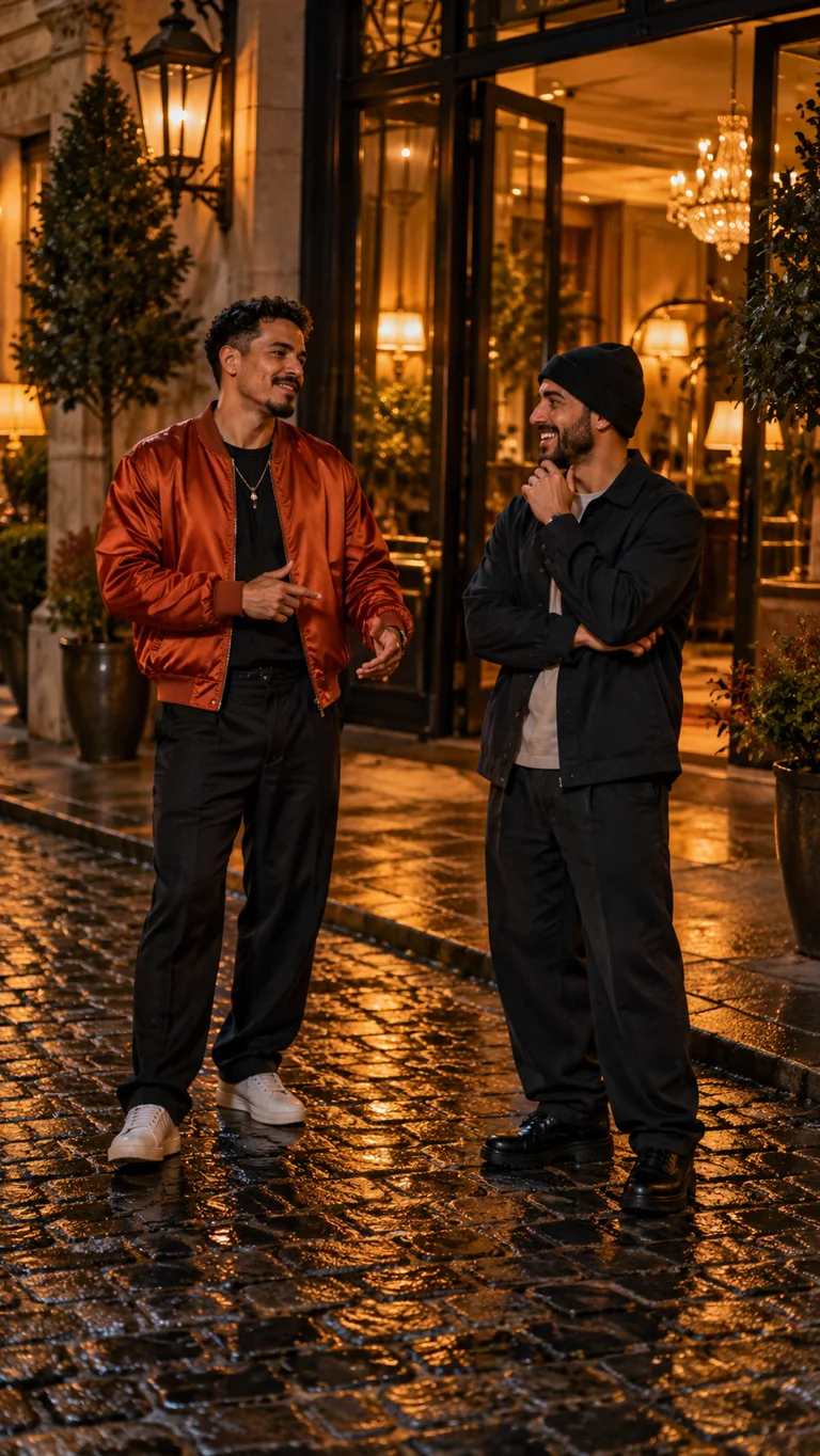 Un encuentro entre amigos frente a las luces del hotel.